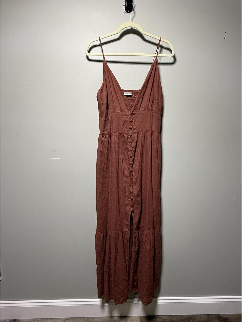 Abercrombie & Fitch Linen Blend Button Maxi Dress Rust LT NWT Cottagecore